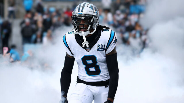CHARLOTTE, NORTH CAROLINA - DECEMBER 15: Jaycee Horn #8 of the Carolina Panthers is introduced prior to the game against the Dallas Cowboys at Bank of America Stadium on December 15, 2024 in Charlotte, North Carolina.