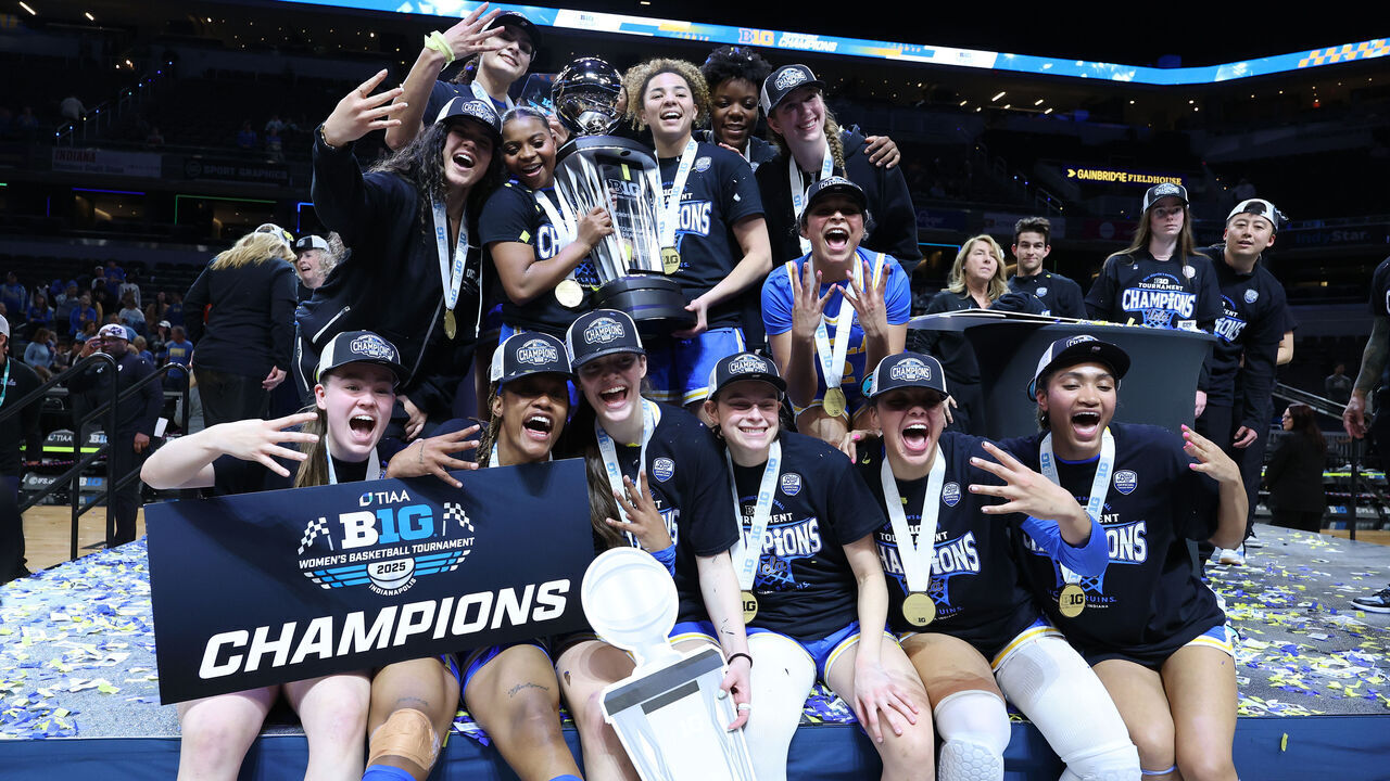 INDIANAPOLIS, INDIANA - MARCH 09: The UCLA Bruins celebrate after the 72-67 win over the USC Trojans in the Big Ten Women's Basketball Tournament - Championship game at Gainbridge Fieldhouse on March 09, 2025 in Indianapolis, Indiana.