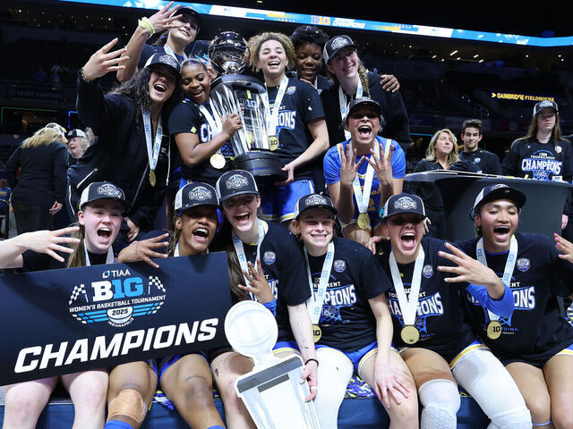 INDIANAPOLIS, INDIANA - MARCH 09: The UCLA Bruins celebrate after the 72-67 win over the USC Trojans in the Big Ten Women's Basketball Tournament - Championship game at Gainbridge Fieldhouse on March 09, 2025 in Indianapolis, Indiana.