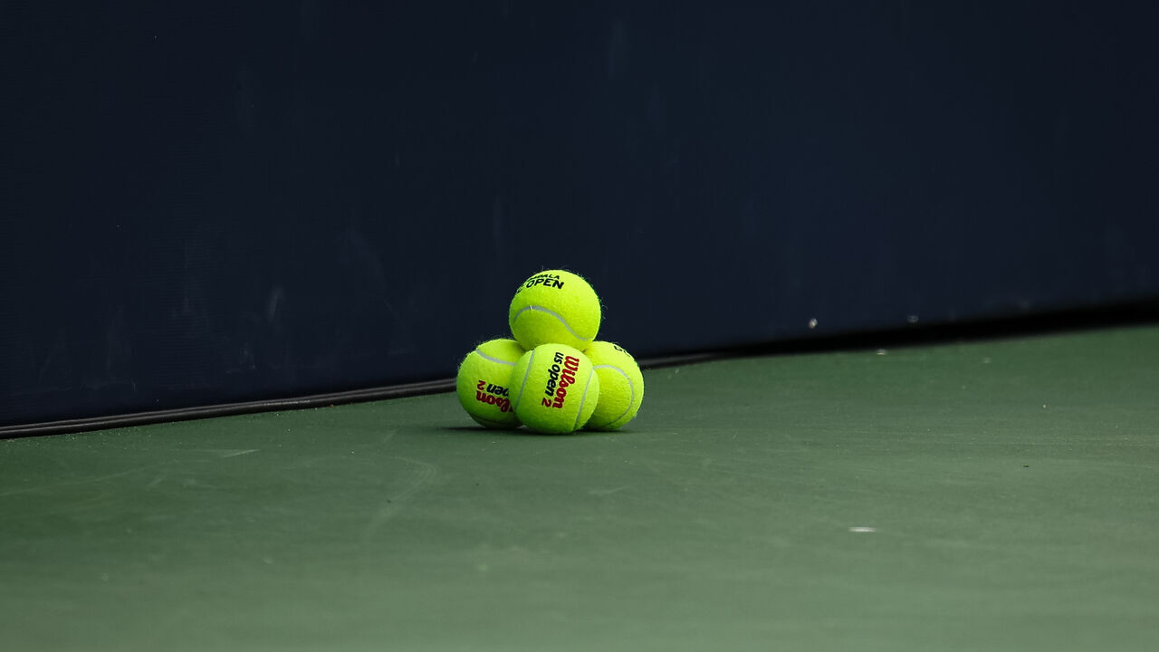 WASHINGTON, DC - JULY 30: A general view of a stack of tennis balls on the court during the match between Victoria Azarenka and Hailey Baptiste during day 4 of the Mubadala Citi DC Open 2024 at William H.G. FitzGerald Tennis Center on July 30, 2024 in Washington, DC.
