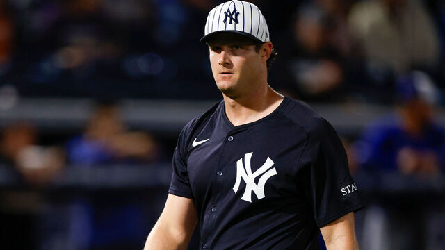 TAMPA, FLORIDA - FEBRUARY 28: Gerrit Cole #45 of the New York Yankees reacts after a strike out in the first inning during a spring training game against the Toronto Blue Jays at George M. Steinbrenner Field on February 28, 2025 in Tampa, Florida.