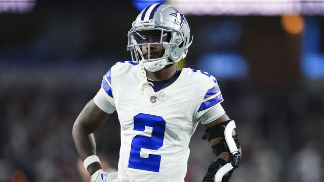 ARLINGTON, TX - DECEMBER 22: Jourdan Lewis #2 of the Dallas Cowboys looks on from the field during an NFL football game against the Tampa Bay Buccaneers at AT&T Stadium on December 22, 2024 in Arlington, Texas.