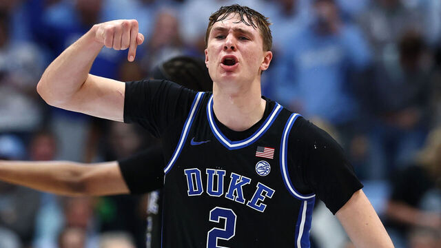 CHAPEL HILL, NORTH CAROLINA - MARCH 08: Cooper Flagg #2 of the Duke Blue Devils reacts following a dunk during the second half of the game against the North Carolina Tar Heels at Dean E. Smith Center on March 08, 2025 in Chapel Hill, North Carolina.