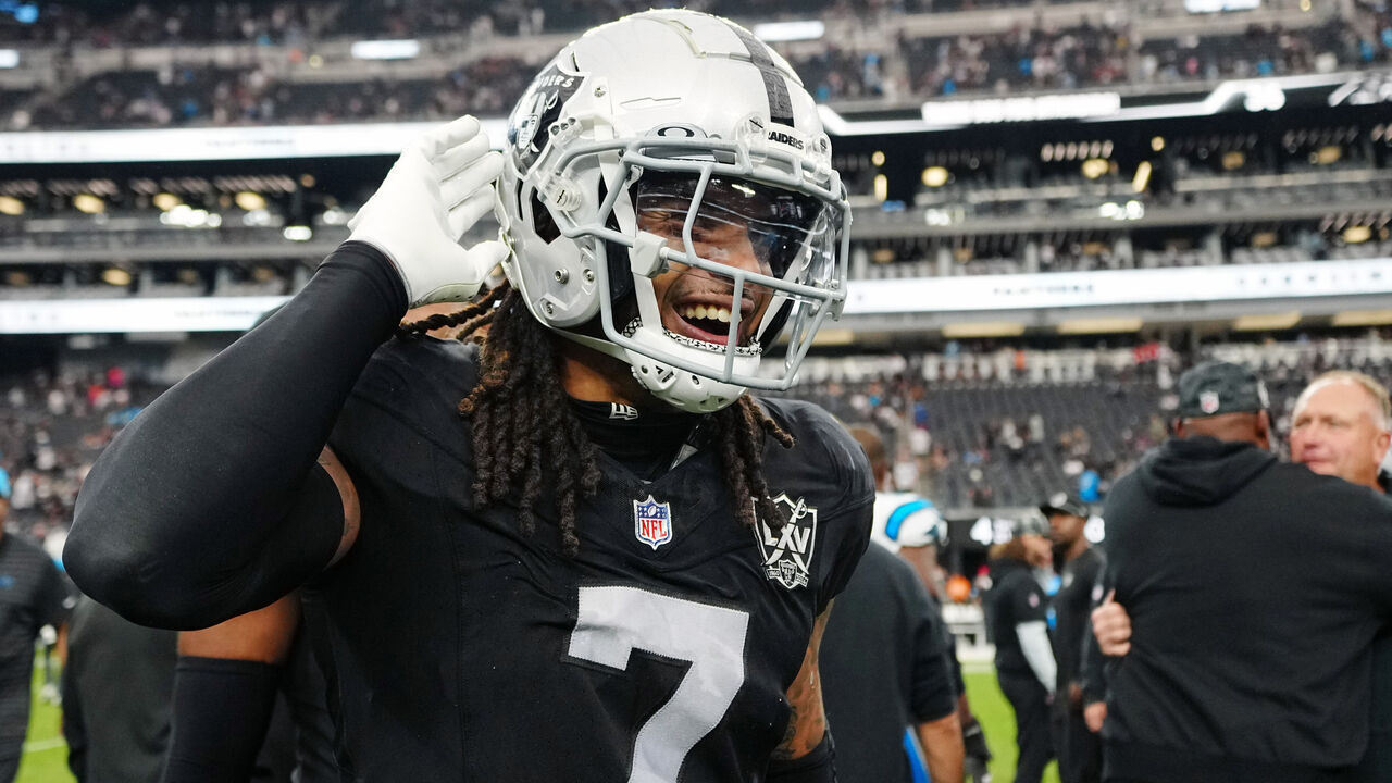 LAS VEGAS, NEVADA - SEPTEMBER 22: Tre'von Moehrig #7 of the Las Vegas Raiders reacts after losing to the Carolina Panthers 36-22 at Allegiant Stadium on September 22, 2024 in Las Vegas, Nevada.