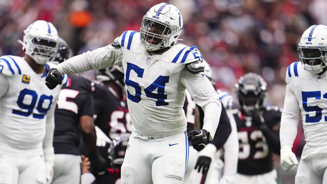 HOUSTON, TX - OCTOBER 27: Dayo Odeyingbo #54 of the Indianapolis Colts celebrates during an NFL football game against the Houston Texans at NRG Stadium on October 27, 2024 in Houston, Texas.