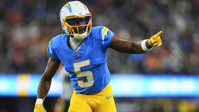 INGLEWOOD, CA - DECEMBER 19: Joshua Palmer #5 of the Los Angeles Chargers lines up before the snap during an NFL football game against the Denver Broncos at SoFi Stadium on December 19, 2024 in Inglewood, California.