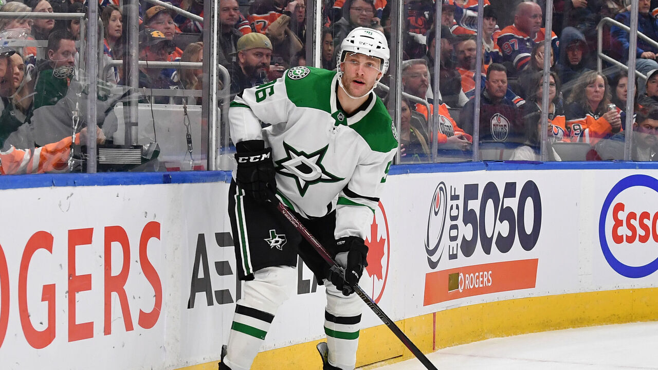 EDMONTON, CANADA - MARCH 8: Mikko Rantanen #96 of the Dallas Stars calls for a pass during the third period of the game against the Edmonton Oilers at Rogers Place on March 8, 2025, in Edmonton, Alberta, Canada.