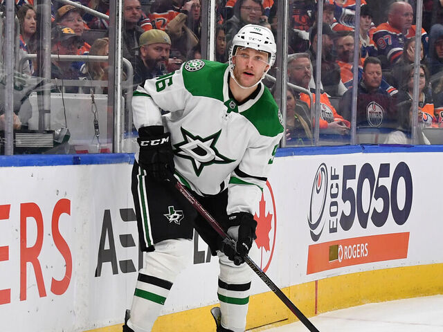 EDMONTON, CANADA - MARCH 8: Mikko Rantanen #96 of the Dallas Stars calls for a pass during the third period of the game against the Edmonton Oilers at Rogers Place on March 8, 2025, in Edmonton, Alberta, Canada.