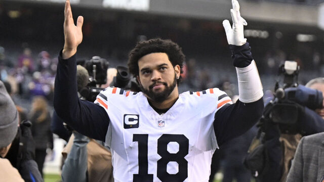 CHICAGO, ILLINOIS - NOVEMBER 24: Caleb Williams #18 of the Chicago Bears reacts after a 30-27 overtime loss against the Minnesota Vikings at Soldier Field on November 24, 2024 in Chicago, Illinois.