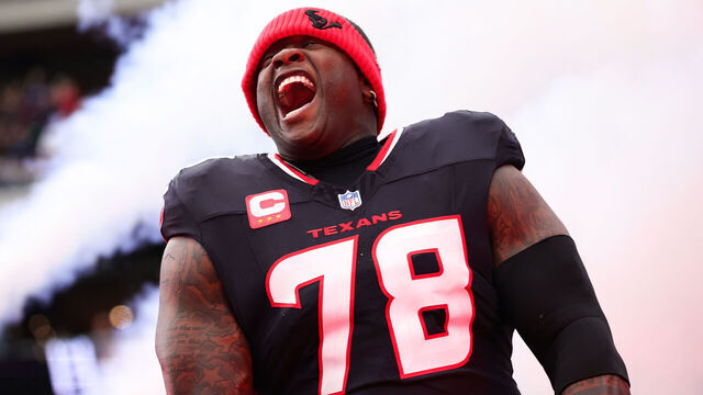 HOUSTON, TEXAS - JANUARY 11: Laremy Tunsil #78 of the Houston Texans is introduced prior to a game against the Los Angeles Chargers during the AFC Wild Card Playoffs at NRG Stadium on January 11, 2025 in Houston, Texas.
