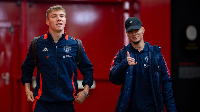 MANCHESTER, ENGLAND - NOVEMBER 10: Rasmus Hojlund, Antony of Manchester United arrives ahead of the Premier League match between Manchester United FC and Leicester City FC at Old Trafford on November 10, 2024 in Manchester, England.