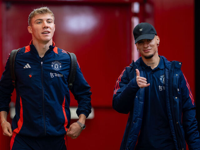 MANCHESTER, ENGLAND - NOVEMBER 10: Rasmus Hojlund, Antony of Manchester United arrives ahead of the Premier League match between Manchester United FC and Leicester City FC at Old Trafford on November 10, 2024 in Manchester, England.
