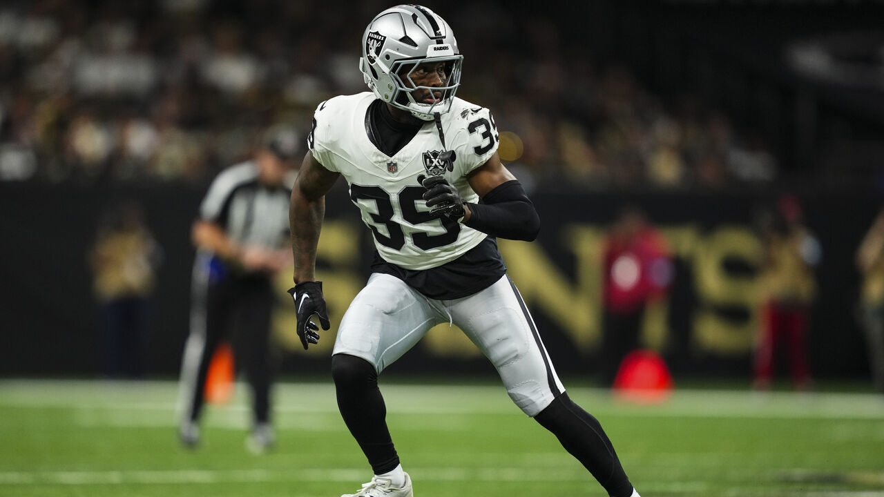 NEW ORLEANS, LA - DECEMBER 29: Nate Hobbs #39 of the Las Vegas Raiders defends in coverage during an NFL football game against the New Orleans Saints at Caesars Superdome on December 29, 2024 in New Orleans, Louisiana.