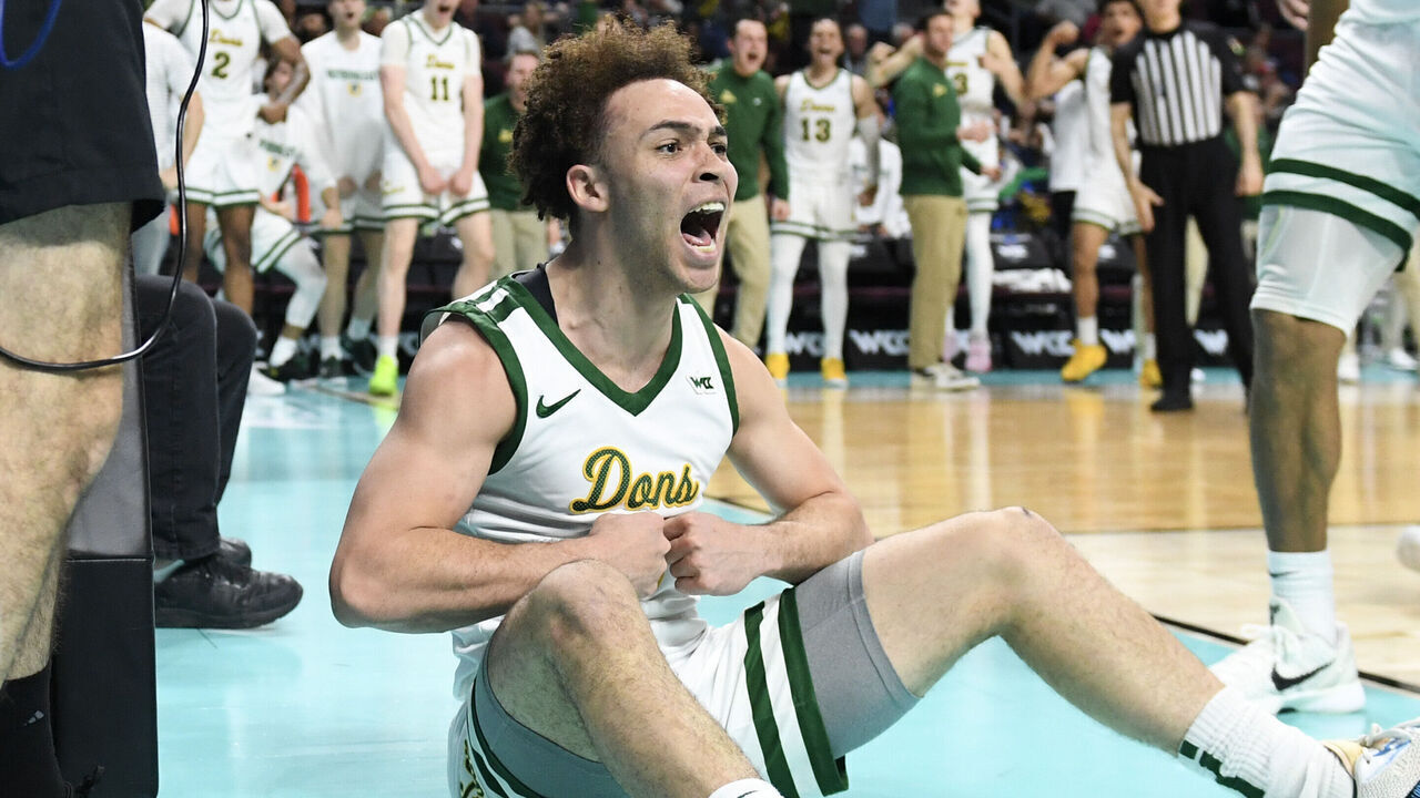 LAS VEGAS, NEVADA - MARCH 09: Ryan Beasley #0 of the San Francisco Dons reacts to being fouled while scoring on the Washington State Cougars in the second half of a quarterfinal game of the West Coast Conference men's basketball tournament at the Orleans Arena on March 09, 2025 in Las Vegas, Nevada. The Dons defeated Cougars 86-75.
