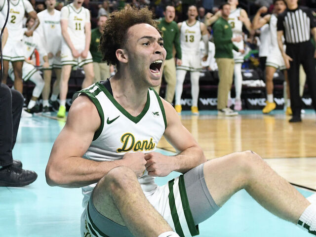 LAS VEGAS, NEVADA - MARCH 09: Ryan Beasley #0 of the San Francisco Dons reacts to being fouled while scoring on the Washington State Cougars in the second half of a quarterfinal game of the West Coast Conference men's basketball tournament at the Orleans Arena on March 09, 2025 in Las Vegas, Nevada. The Dons defeated Cougars 86-75.