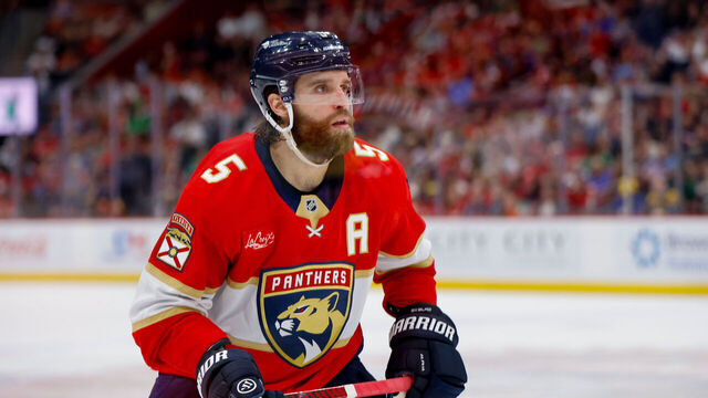 SUNRISE, FL - MARCH 08: Florida Panthers Defenseman Aaron Ekblad (5) looks on during the second period at the game between the Buffalo Sabres and the Florida Panthers on Saturday March 8, 2025 at Amerant Bank Arena in Sunrise, Fla.