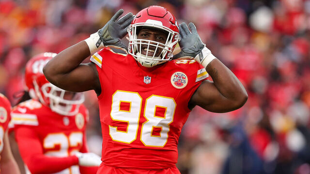KANSAS CITY, MISSOURI - JANUARY 18: Tershawn Wharton #98 of the Kansas City Chiefs encourages the crowd to cheer during the second quarter during the Divisional Round playoff game against the Houston Texans at GEHA Field at Arrowhead Stadium on January 18, 2025 in Kansas City, Missouri.