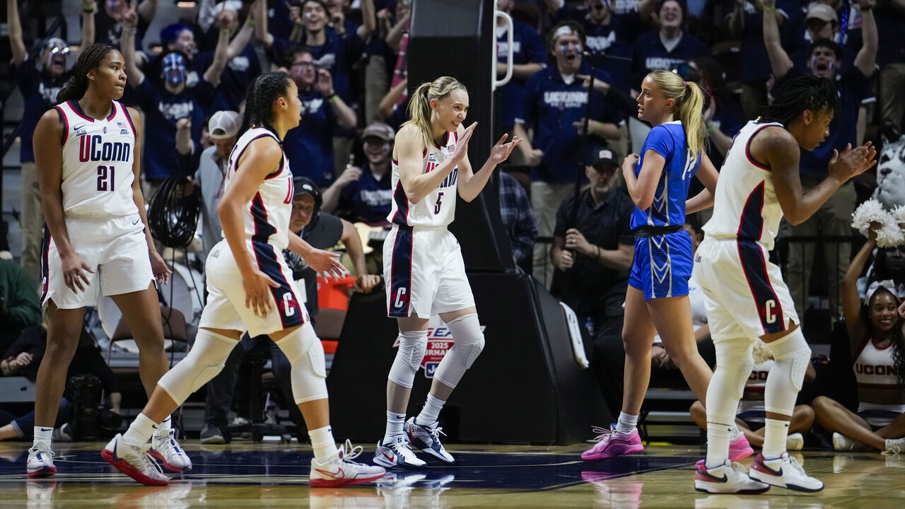 UNCASVILLE, CONNECTICUT - MARCH 10: Paige Bueckers #5 of the Connecticut Huskies reacts in the first half during the championship game of the Big East Women’s Basketball Tournament against the Creighton Bluejays at Mohegan Sun Arena on March 10, 2025 in Uncasville, Connecticut.