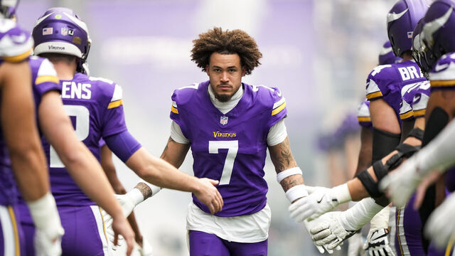 MINNEAPOLIS, MINNESOTA - DECEMBER 8: Cornerback Byron Murphy Jr. #7 of the Minnesota Vikings enters the fields during player introductions prior to an NFL football game against the Atlanta Falcons, at U.S. Bank Stadium on December 8, 2024 in Minneapolis, Minnesota.
