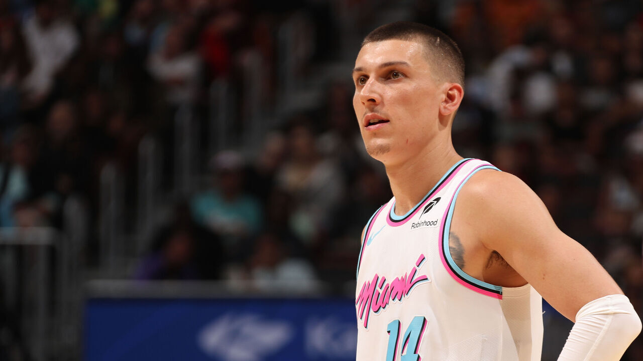 MIAMI, FL - MARCH 8: Tyler Herro #14 of the Miami Heat looks on during the game against the Chicago Bulls on March 8, 2025 at Kaseya Center in Miami, Florida. Mandatory Copyright Notice: Copyright 2025 NBAE
