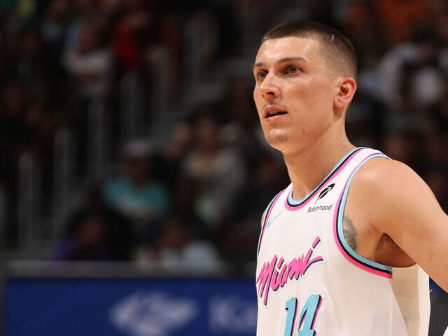 MIAMI, FL - MARCH 8: Tyler Herro #14 of the Miami Heat looks on during the game against the Chicago Bulls on March 8, 2025 at Kaseya Center in Miami, Florida. Mandatory Copyright Notice: Copyright 2025 NBAE
