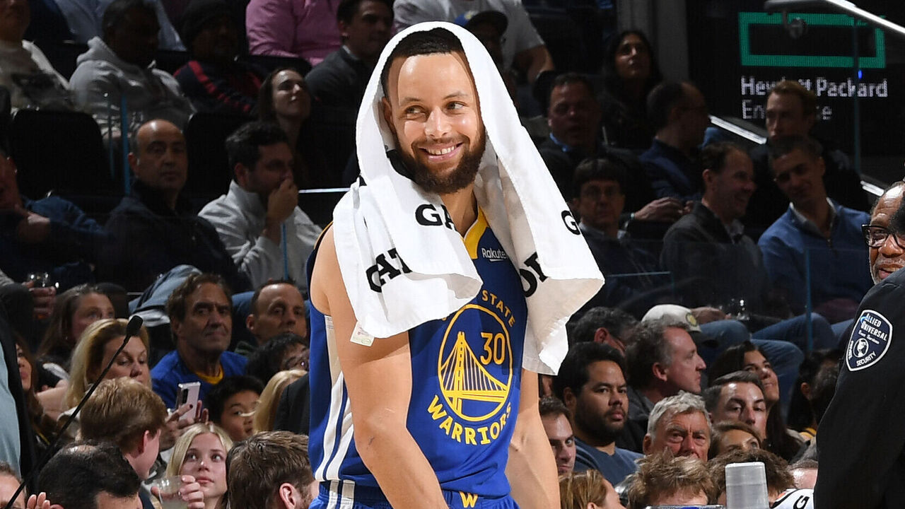 SAN FRANCISCO, CA - MARCH 10: Stephen Curry #30 of the Golden State Warriors smiles during the game against the Portland Trail Blazers on March 10, 2025 at Chase Center in San Francisco, California. NOTE TO USER: User expressly acknowledges and agrees that, by downloading and or using this photograph, user is consenting to the terms and conditions of Getty Images License Agreement. Mandatory Copyright Notice: Copyright 2025 NBAE