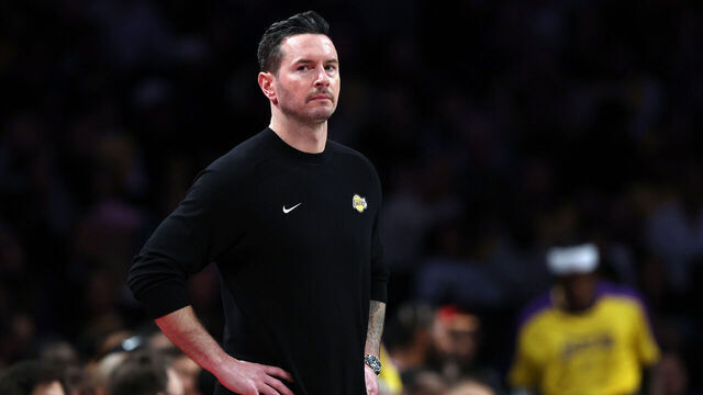 NEW YORK, NEW YORK - MARCH 10: Head coach JJ Redick of the Los Angeles Lakers reacts during the game against the Brooklyn Nets at Barclays Center on March 10, 2025 in the Brooklyn borough of New York City.