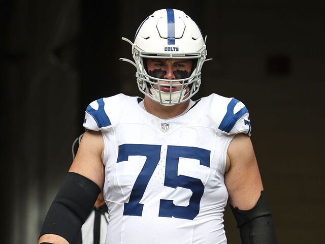 JACKSONVILLE, FLORIDA - OCTOBER 06: Will Fries #75 of the Indianapolis Colts walks out of the tunnel prior to an NFL football game against the Jacksonville Jaguars at EverBank Stadium on October 6, 2024 in Jacksonville, Florida.