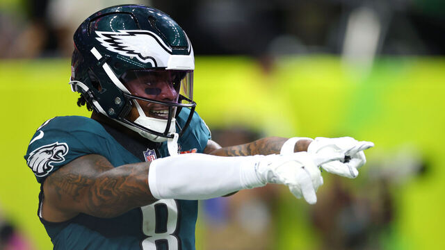NEW ORLEANS, LOUISIANA - FEBRUARY 09: C.J. Gardner-Johnson #8 of the Philadelphia Eagles celebrates after breaking up a pass in the first quarter against the Kansas City Chiefs during Super Bowl LIX at Caesars Superdome on February 09, 2025 in New Orleans, Louisiana.