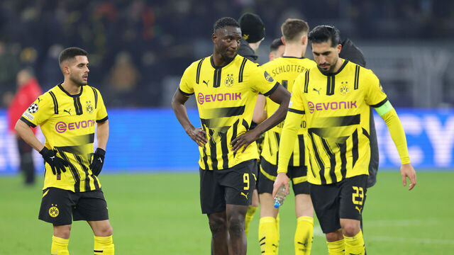 DORTMUND, GERMANY - MARCH 4: (LR) Yan Couto of Borussia Dortmund Torwart Serhou Guirassy of Borussia Dortmund Borussia Dortmund and Emre Can of Borussia Dortmund disappointed after the UEFA Champions League 2024/25 UEFA Champions League 2024/25 Round of 16 first leg match between Borussia Dortmund and LOSC Lille at on March 4, 2025 in Dortmund, Germany.