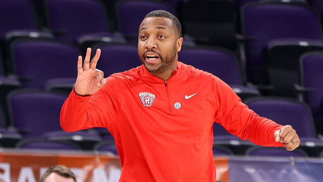 HIGH POINT, NORTH CAROLINA - MARCH 6: Head coach Darris Nichols of the Radford Highlanders calls a play against the USC Upstate Spartans during the First Round of the Big South Tournament at High Point University on March 6, 2024 in High Point, North Carolina.