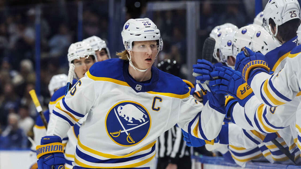TAMPA, FL - MARCH 6: Rasmus Dahlin #26 of the Buffalo Sabres celebrates a goal against the Tampa Bay Lightning at Amalie Arena on March 6, 2025 in Tampa, Florida.