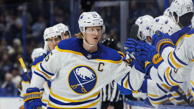 TAMPA, FL - MARCH 6: Rasmus Dahlin #26 of the Buffalo Sabres celebrates a goal against the Tampa Bay Lightning at Amalie Arena on March 6, 2025 in Tampa, Florida.
