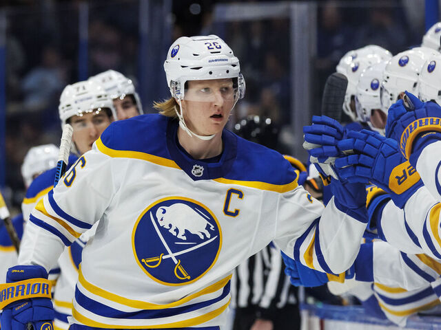 TAMPA, FL - MARCH 6: Rasmus Dahlin #26 of the Buffalo Sabres celebrates a goal against the Tampa Bay Lightning at Amalie Arena on March 6, 2025 in Tampa, Florida.