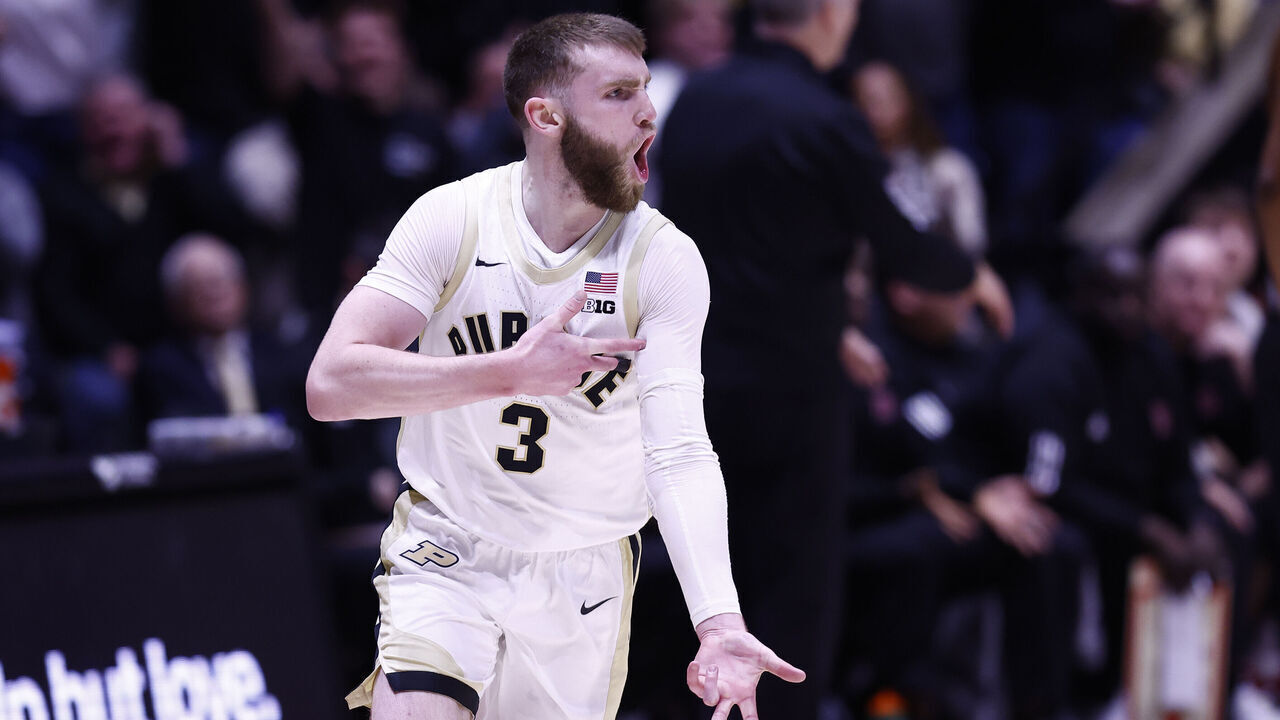 WEST LAFAYETTE, IN - MARCH 04: Purdue Boilermakers guard Braden Smith (3) celebrates his made three pointer durning a men's college basketball game between the Rutgers Scarlet Knights and the Purdue Boilermakers on March 04, 2025, at Mackey Arena in West Lafayette, IN.