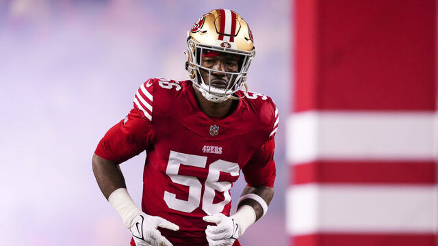 SANTA CLARA, CA - DECEMBER 12: Leonard Floyd #56 of the San Francisco 49ers runs out of the tunnel prior to an NFL football game against the Los Angeles Rams at Levi's Stadium on December 12, 2024 in Santa Clara, California.