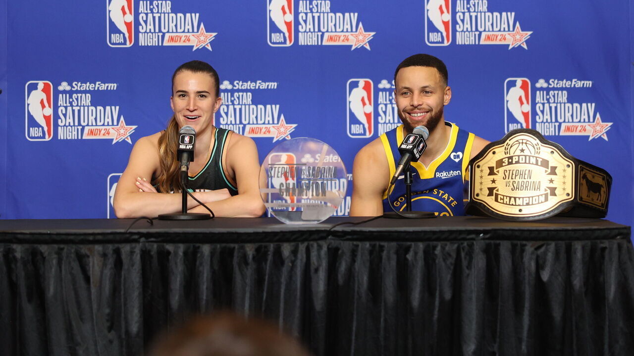 INDIANAPOLIS, IN - FEBRUARY 17: Sabrina Ionescu #20 of the New York Liberty and Stephen Curry #30 of the Golden State Warriors are interviewed by the media after the 3-Point challenge as a part of State Farm All-Star Saturday Night on Saturday, February 17, 2024 at Lucas Oil Stadium in Indianapolis, Indiana. NOTE TO USER: User expressly acknowledges and agrees that, by downloading and/or using this Photograph, user is consenting to the terms and conditions of the Getty Images License Agreement. Mandatory Copyright Notice: Copyright 2024 NBAE