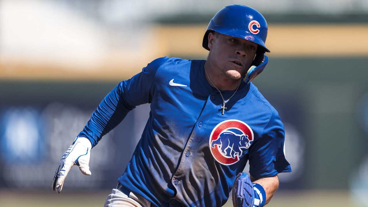 GOODYEAR, ARIZONA - MARCH 10: Matt Shaw #77 of the Chicago Cubs runs during a Spring Training game against the Cleveland Guardians at Goodyear Park on March 10, 2025 in Goodyear, Arizona.