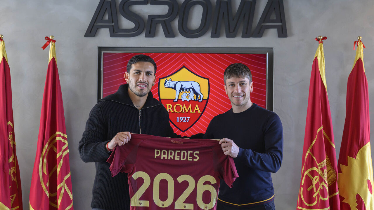 ROME, ITALY - MARCH 11: AS Roma player Leandro Paredes signs his contract with Sports Manager Florent Ghisolfi at Centro Sportivo Fulvio Bernardini on March 11, 2025 in Rome, Italy.