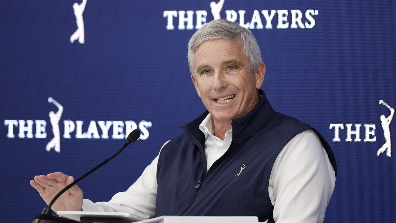 PONTE VEDRA BEACH, FLORIDA - MARCH 11: PGA Tour Commissioner Jay Monahan speaks to the media prior to THE PLAYERS Championship on the Stadium Course at TPC Sawgrass on March 11, 2025 in Ponte Vedra Beach, Florida.