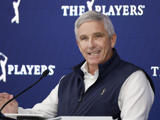 PONTE VEDRA BEACH, FLORIDA - MARCH 11: PGA Tour Commissioner Jay Monahan speaks to the media prior to THE PLAYERS Championship on the Stadium Course at TPC Sawgrass on March 11, 2025 in Ponte Vedra Beach, Florida.