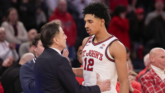 NEW YORK, NY - JANUARY 11: Head coach Rick Pitino of the St. John's Red Storm with RJ Luis Jr. #12 during a college basketball game between the St. John's Red Storm and the Villanova Wildcats at Madison Square Garden on January 11, 2025 in New York City. .