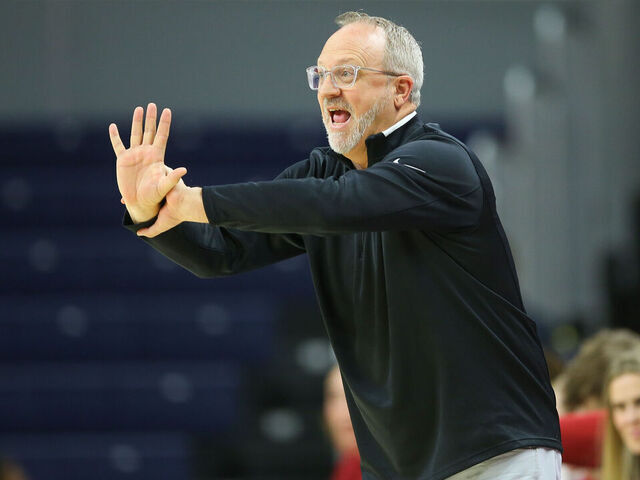 AUBURN, ALABAMA - JANUARY 9: Head coach Mike Neighbors of the Arkansas Razorbacks asks for a call during the first half against the Auburn Tigers at Neville Arena on January 9, 2025 in Auburn, Alabama.