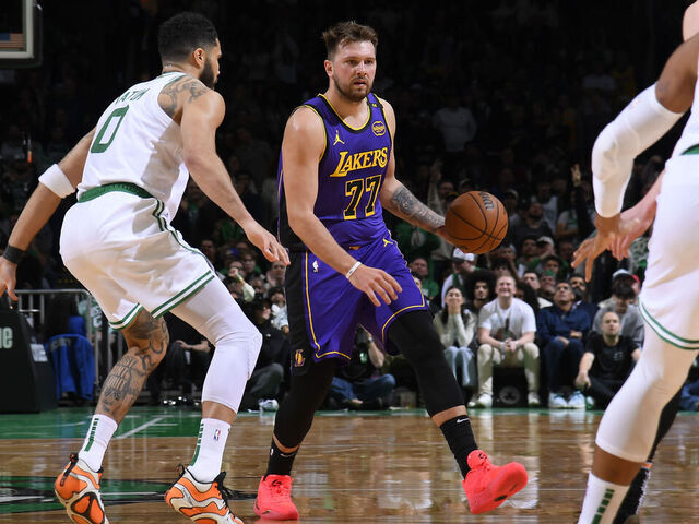 BOSTON, MA - MARCH 8: Luka Doncic #77 of the Los Angeles Lakers dribbles the ball during the game against the Boston Celtics on March 8, 2025 at TD Garden in Boston, Massachusetts. NOTE TO USER: User expressly acknowledges and agrees that, by downloading and/or using this Photograph, user is consenting to the terms and conditions of the Getty Images License Agreement. Mandatory Copyright Notice: Copyright 2025 NBAE