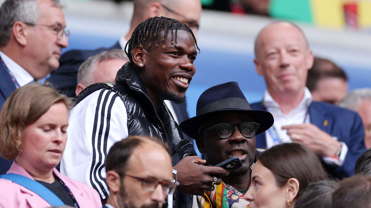 DUSSELDORF, GERMANY - JULY 01: Paul Pogba is seen in attendance in the stands prior to the UEFA EURO 2024 round of 16 match between France and Belgium at Düsseldorf Arena on July 01, 2024 in Dusseldorf, Germany.