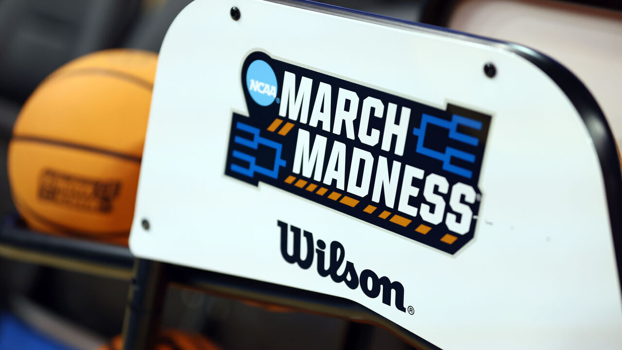 LOS ANGELES, CALIFORNIA - DECEMBER 16: The NCAA March Madness logo on a basketball rack prior to the game between the UCLA Bruins and the Cal Poly Mustangs at UCLA Pauley Pavilion on December 16, 2024 in Los Angeles, California.