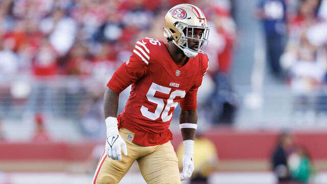 SANTA CLARA, CALIFORNIA - DECEMBER 8: Defensive end Leonard Floyd #56 of the San Francisco 49ers rushes the passer during the first half of an NFL football game against the Chicago Bears, at Levi's Stadium on December 8, 2024 in Santa Clara, California.