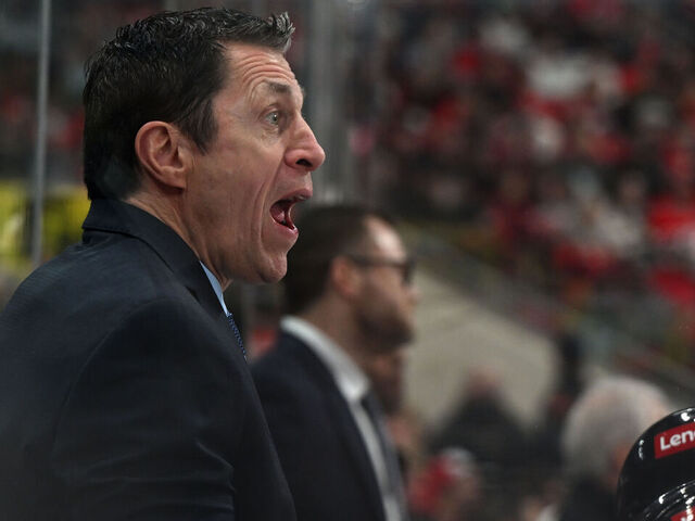 RALEIGH, NC - FEBRUARY 01: Carolina Hurricanes head coach Rod Brind'Amour calls to officials during the NHL game between the Los Angeles Kings and the Carolina Hurricanes on February 1, 2025 at Lenovo Center in Raleigh, North Carolina.