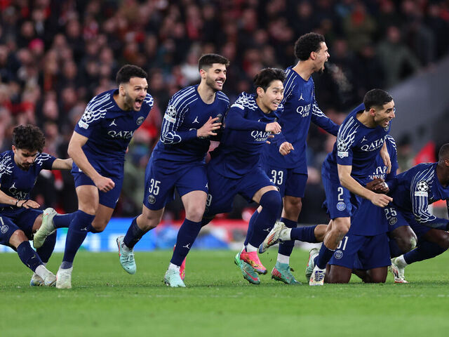 LIVERPOOL, ENGLAND - MARCH 11: Players of PSG celebrate winning the penalty shoot out during the UEFA Champions League 2024/25 UEFA Champions League 2024/25 Round of 16 Second Leg match between Liverpool FC and Paris Saint-Germain at Anfield on March 11, 2025 in Liverpool, England.