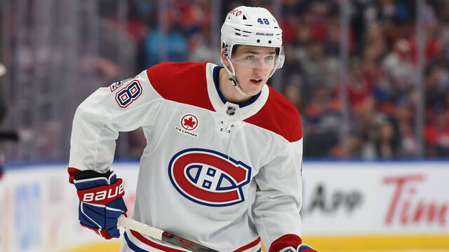 EDMONTON, CANADA - MARCH 6: Lane Hutson #48 of the Montreal Canadiens awaits a face-off during the game against the Edmonton Oilers at Rogers Place on March 6, 2025, in Edmonton, Alberta, Canada.